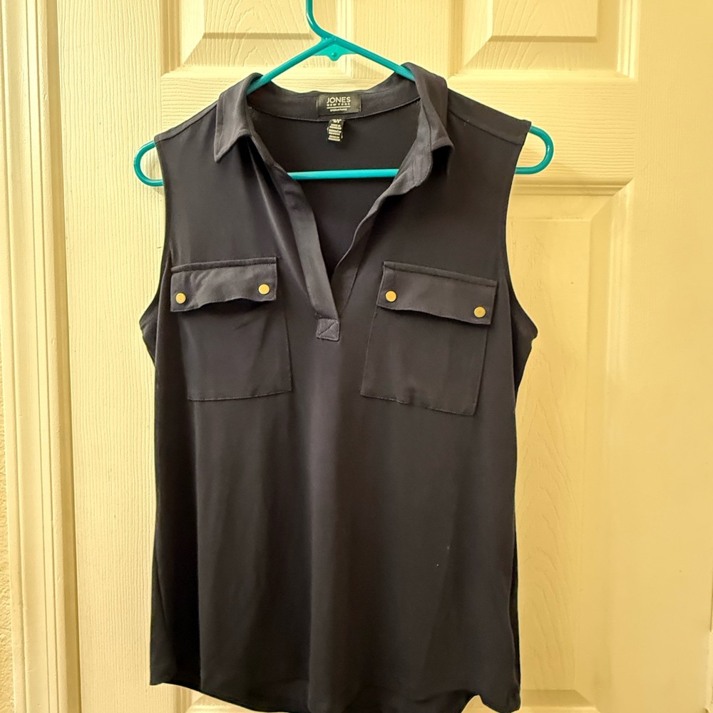 Jones New York Black Sleeveless Blouse with Gold Buttons
